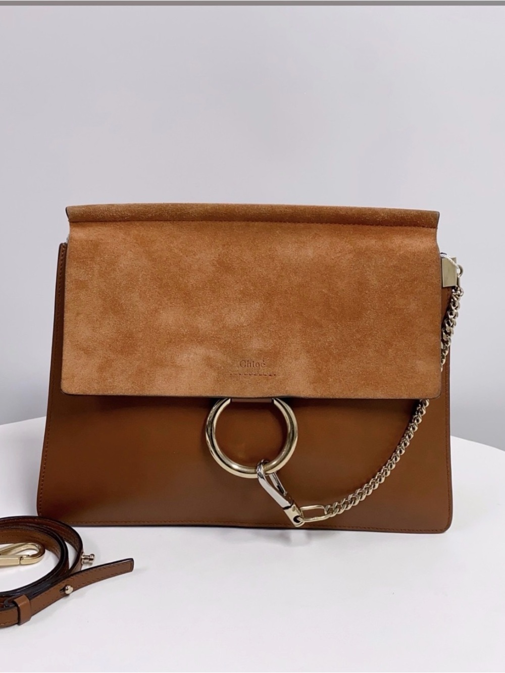 Chloé Two-Tone Tan and Suede Brown Shoulder Bag with Ring Hardware